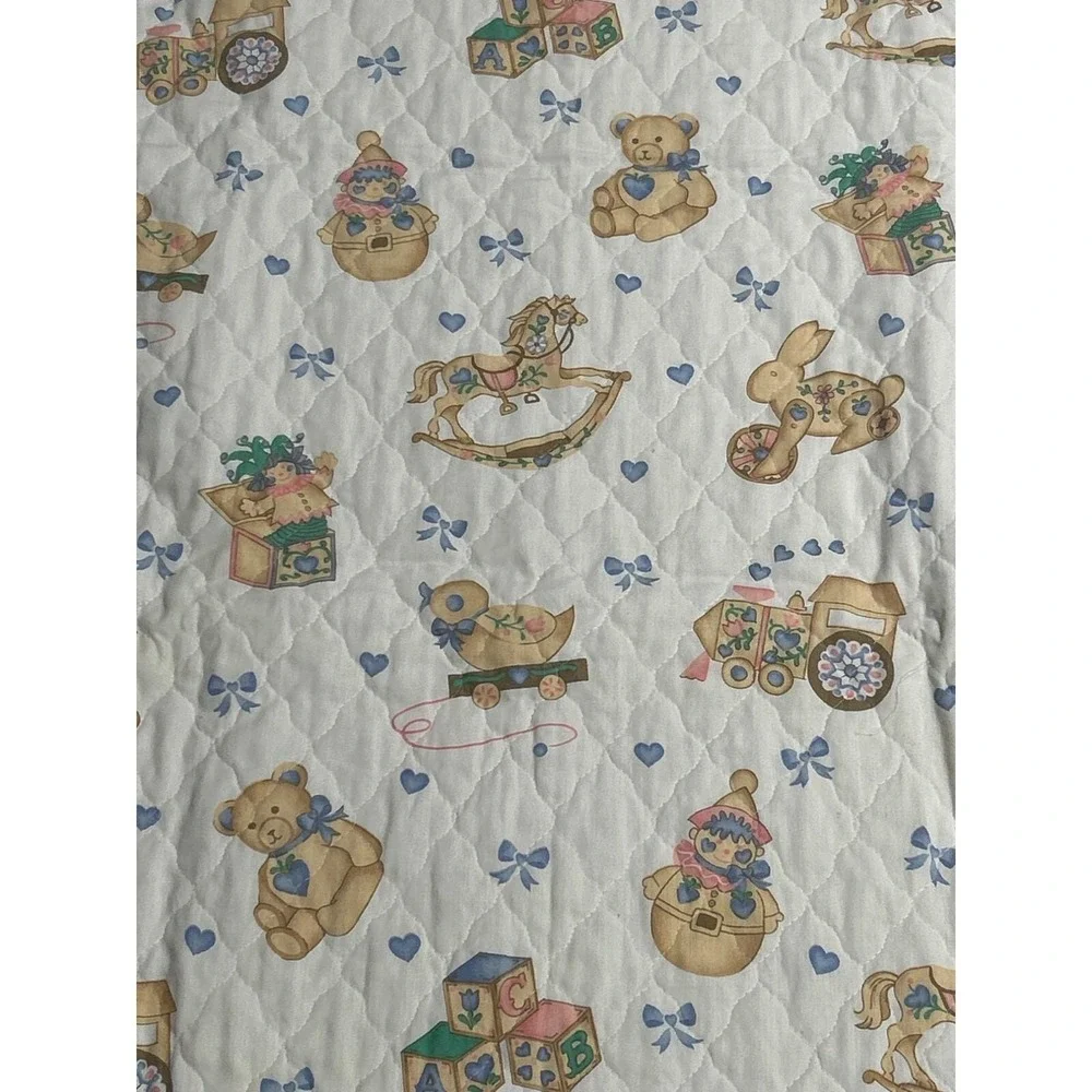 Vintage Baby Blanket 1980's Rocking Horses Trains Bears Jack-in-Box Toys